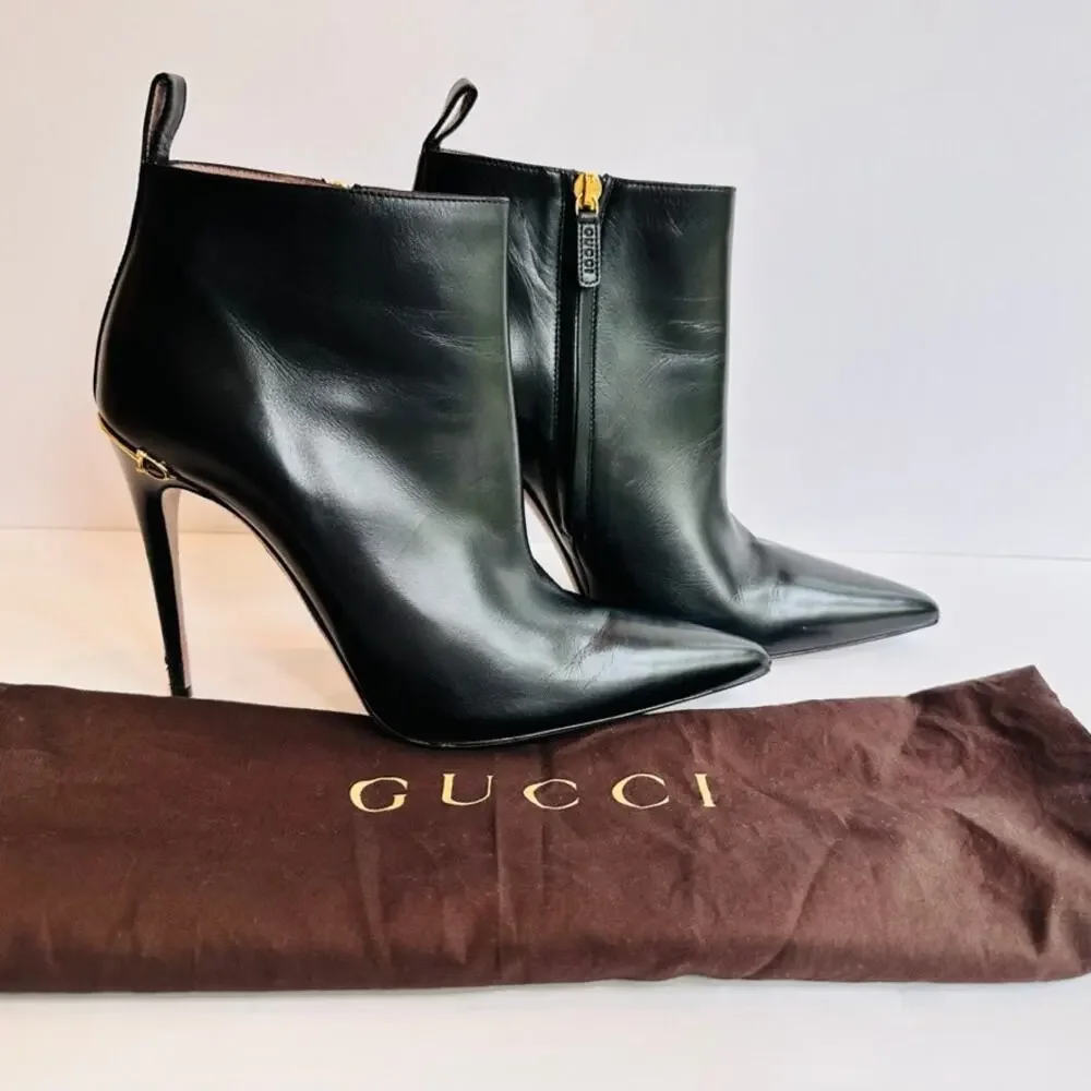 Gucci Black Ankle Boot Size 39.5 Spike Point Toe Horsebit D-Ring Gold Accent - Picture 11 of 12